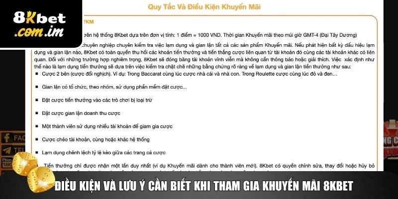 Điều kiện và điều khoản để nhận thưởng khuyến mãi 8Kbet